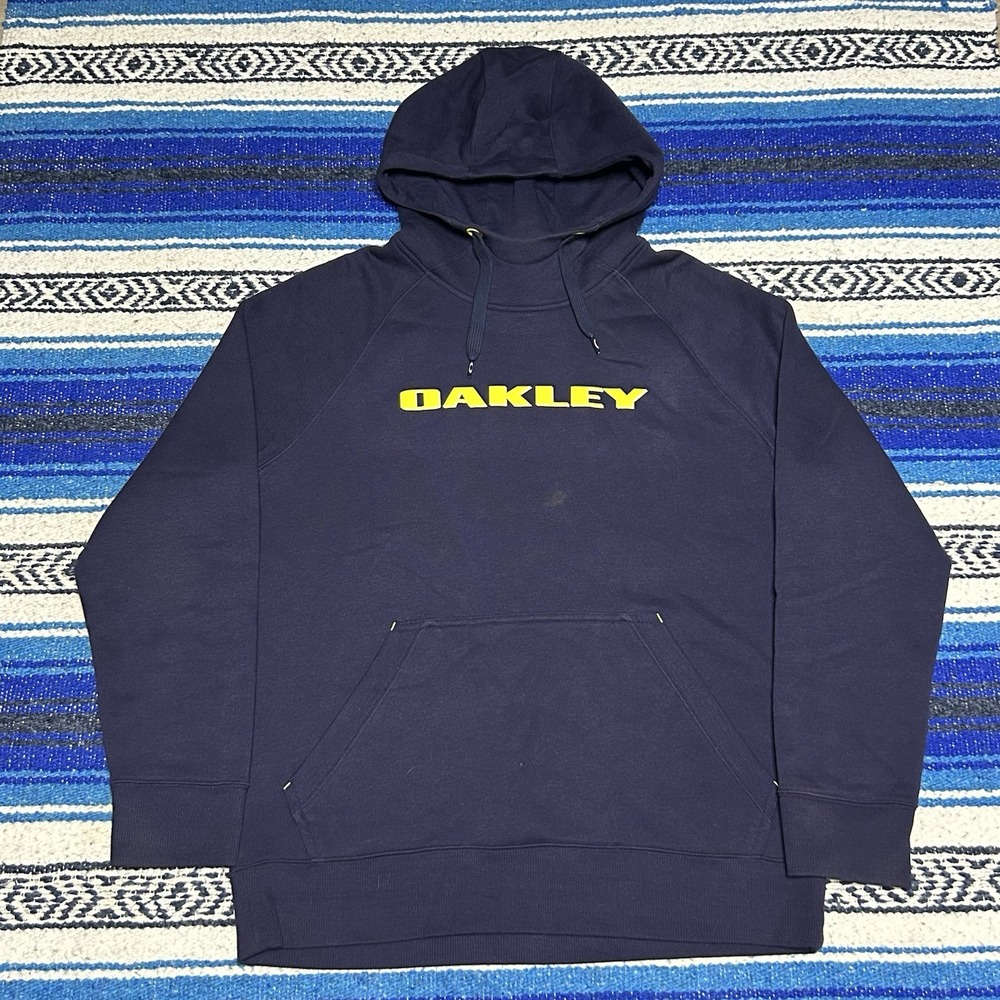 Oakley Men's Medium Pullover Hoodie Navy Blue Yellow Spellout Logo